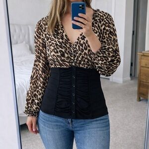 Y2K Silk Leopard Animal Print Ruched Corset Waist Blouse Ruffle Women 8 Coquette